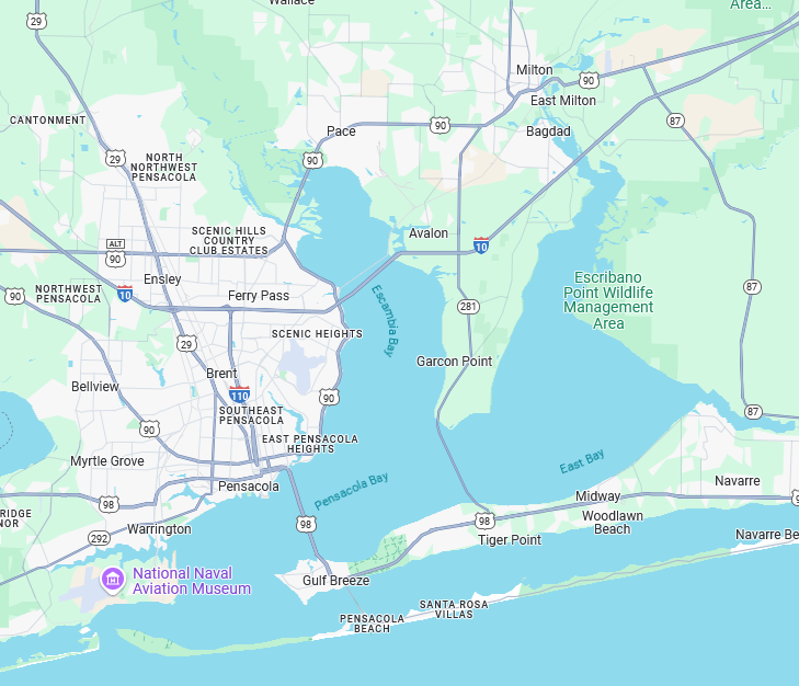 Map of areas serviced by Satterwhite Roofing in Northwest Florida